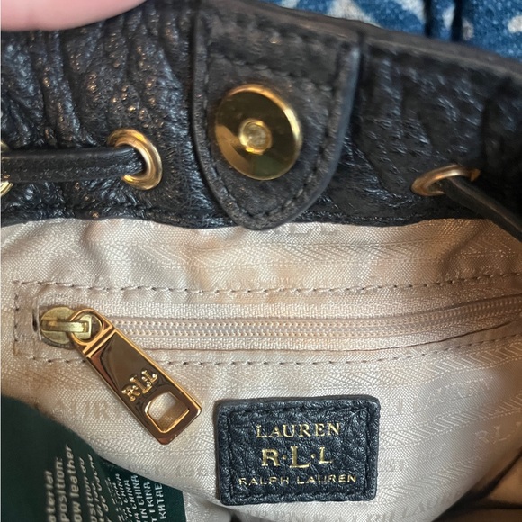Lauren Ralph Lauren Grafton Cara Drawstring Black Leather Bucket Bag - Picture 6 of 7